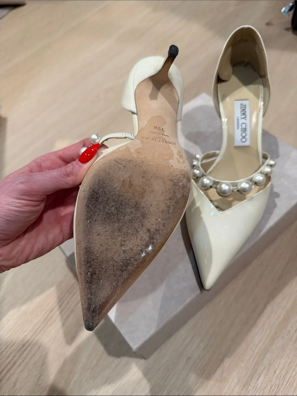Jimmy Choo Cream Patent Pointed-Toe Pumps with Pearl Strap - Picture 2 of 3